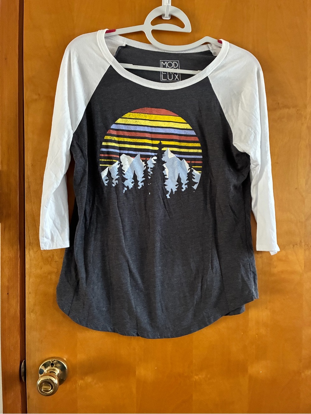 Modern Lux Gray & White Raglan Tee with Sunset Mountain Graphic